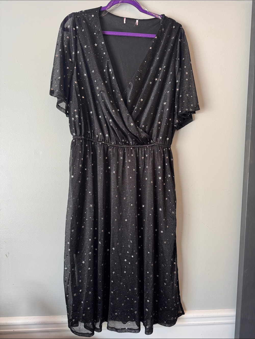 Black Star-Print Surplice Midi Dress